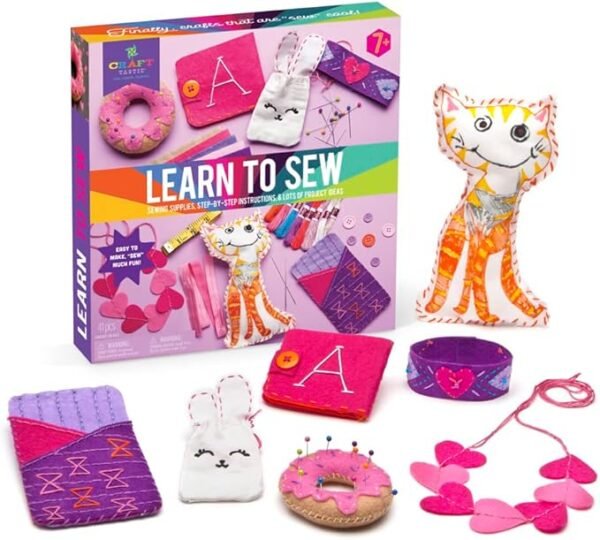 Craft-tastic Learn to Sew Kit – 7 Fun Projects and Reusable Materials to Teach Basic Sewing Stitches