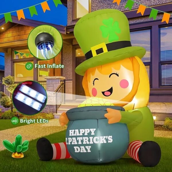 GOOSH 5 FT St Patricks Day Inflatables Outdoor Decorations Blow Up Yard Giant Leprechaun with Gold Coin