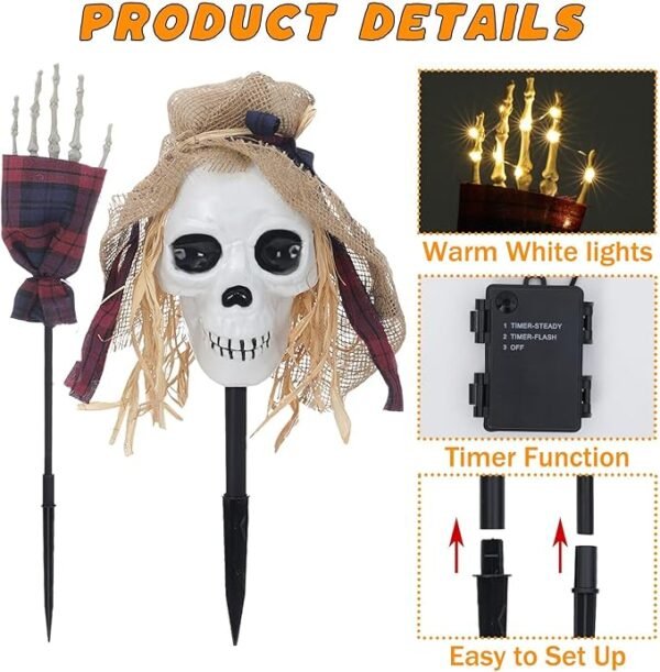 3 Pcs Halloween Pathway Lights Outdoor, 30 LEDs Halloween Skull and Arms Stake Lights