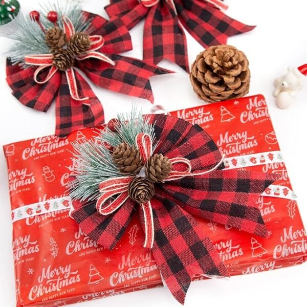 JOHOUSE 6PCS Christmas Red Buffalo Plaid Bows, 6 x 5 Inch Decorative Christmas Bows