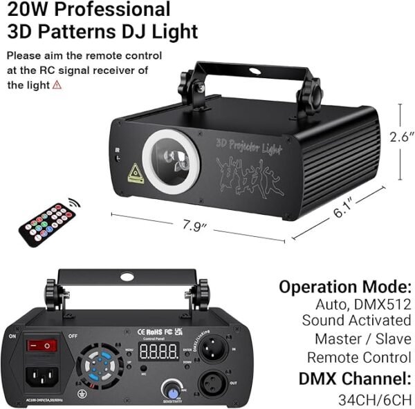 DJ Laser Party Lights, 3D Animation RGB Laser Stage Lighting, DMX512 Music Sound Activated Disco Projector Lights