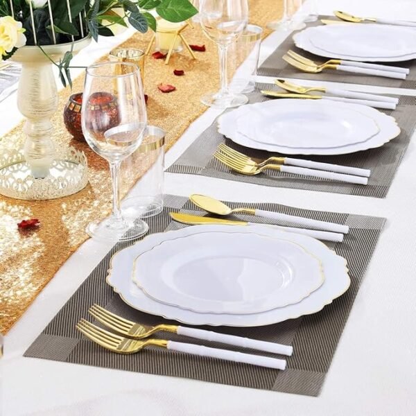 WDF 100pcs Gold Plastic Plates,50Plastic Dinner Plates 10.25inch, 50Salad Plates 7.5inch