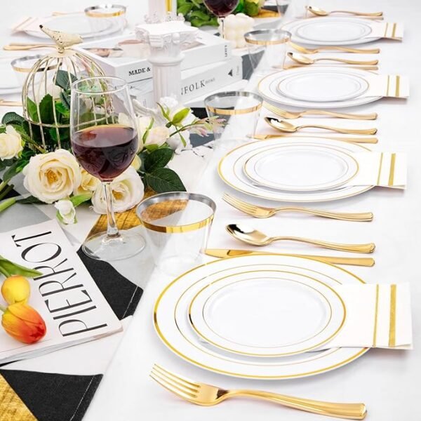 350pcs Gold Plastic Plates-Disposable Plastic Dinnerware Set