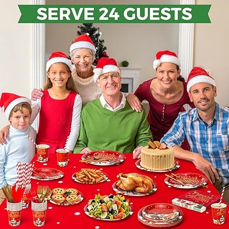 Christmas Plates Disposable Party Set, 189pcs Christmas Tableware, Serve 24, Red