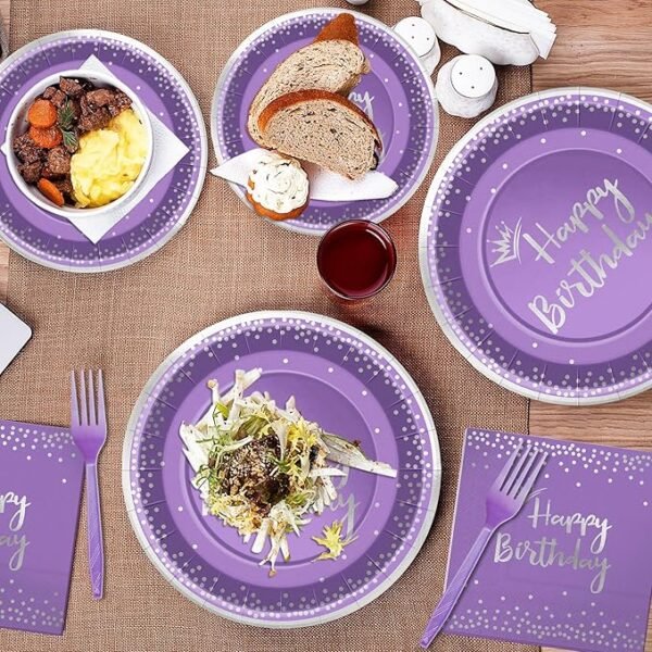 96 Pieces Purple and Silver Birthday Plates and Napkins Party Tableware Set, 24 Guests