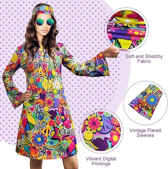 70s Hippie Dress Costumes Necklace Earrings Sunglass