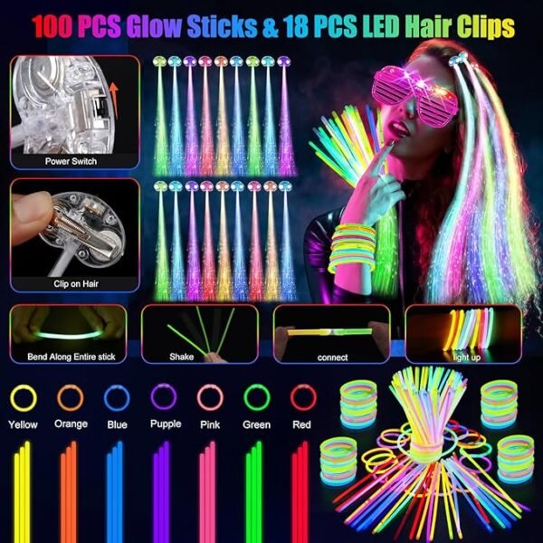 5 148 PCS Glow in the Dark Party Supplies, 16 PCS Glow Fiber Optic Wands