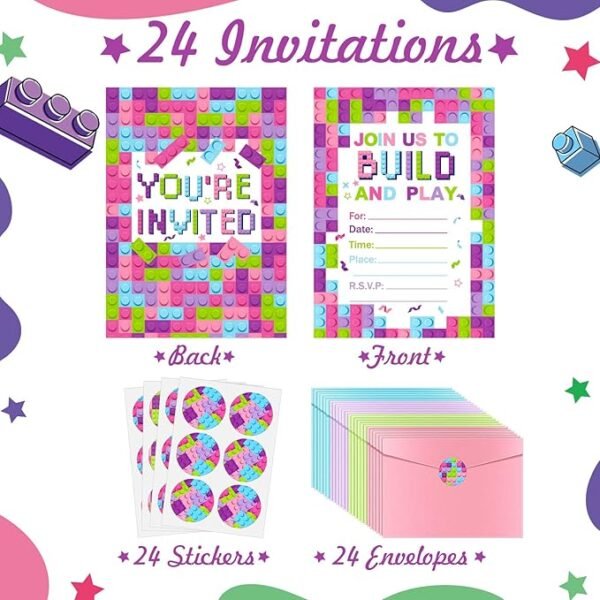 Colarr 24 Set Girls Pink Building Blocks Birthday Party Invitations