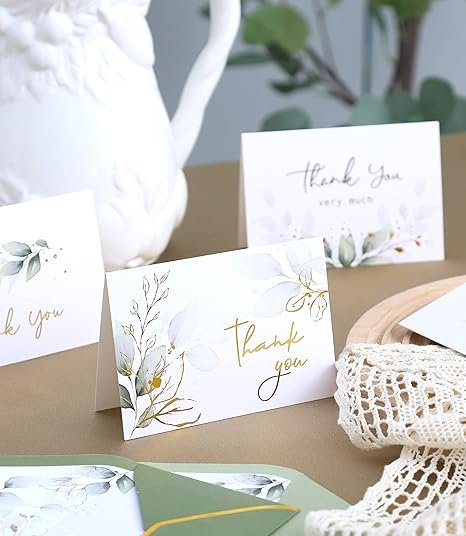 Winoo Design 100 PK Luxurious Gold Thank You Cards with Envelopes Bulk Sage Green - 5x3.5 Inches
