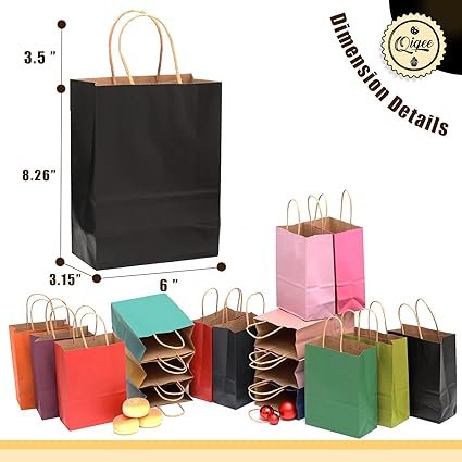 qiqee 60-Packs Paper Bags with Handles Bulk 8.26"×6"×3.15" Small Gift Bags 16 Different Senior Color Bags