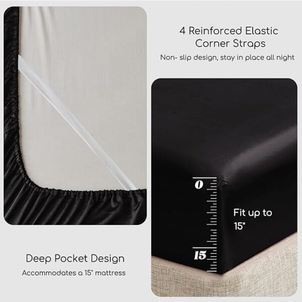 MR&HM Satin Bed Sheets, Queen Size Sheets Set, 4 Pcs Silky Bedding Set with 15 Inches