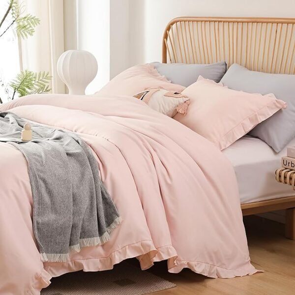 JANZAA Queen Size Comforter Blush Pink Comforter Set Set 3PCS (1 Ruffled Blush Comforter and 2 Pillow Cases)