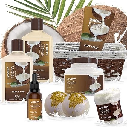 Bath and Body Gift Basket For Women and Men – 9 Piece Set of Vanilla Coconut Home Spa Set