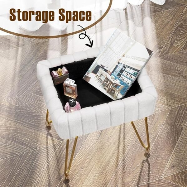 Greenstell Vanity Stool Chair Faux Fur with Storage, 15.7"L x 11.8"W x 19.4"H Soft Ottoman 4 Metal Legs