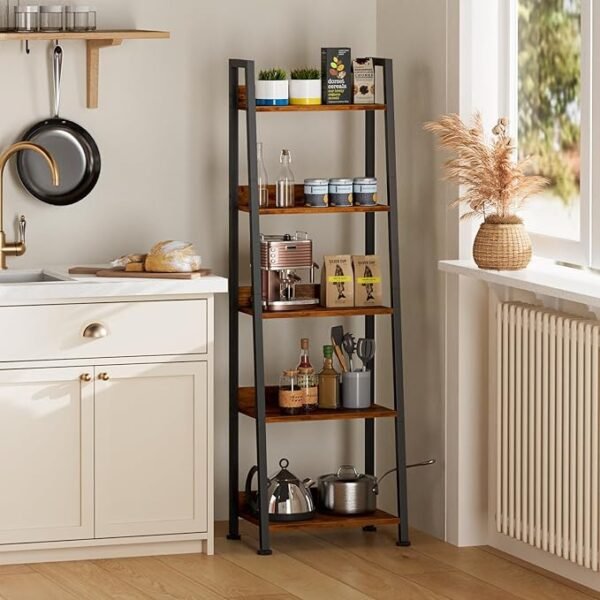 Furologee 5-Tier Ladder Shelf, Ladder Bookshelf with Removable Drawer, Rustic Bookcase Storage Rack Organizer