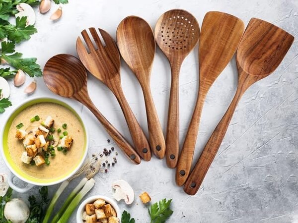Zulay Kitchen 6-Piece Wooden Spoons for Cooking - Smooth Finish Teak Wooden Utensils for Cooking