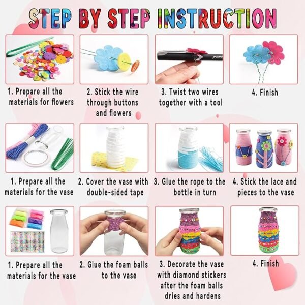 7july Crafts for Girls Ages 6-10 Make Your Own Flower Bouquet with Buttons and Felt Flowers, Vase Art and Craft for Children - DIY Activity Christmas Birthday Gift for Girls