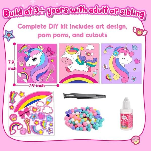 Girls Gifts DIY Toy Set 3PCS 7.9-Inch, Pom Pom Crafts & Art Kits Unicorn Crafts Gifts for Girls Age 2 3 4 5 6