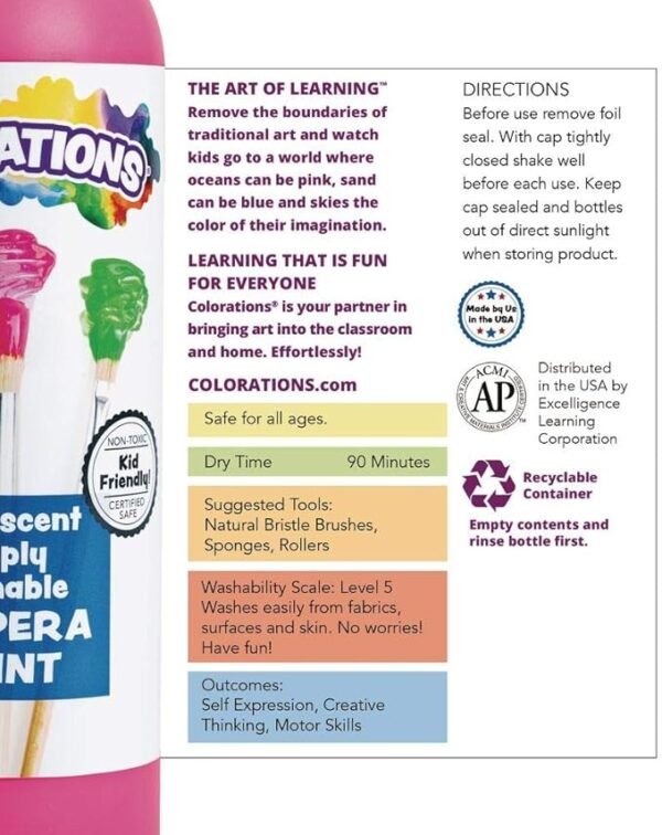 Colorations Washable Tempera Paint, Set of 6 Colors, 8oz Each, Non Toxic Paint