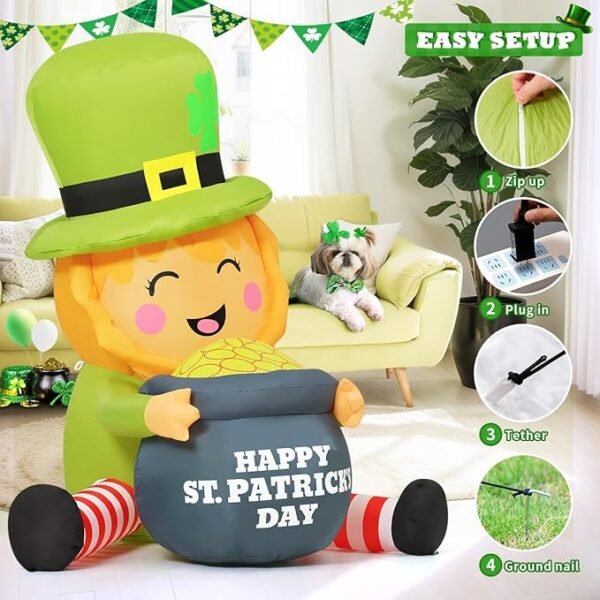 GOOSH 5 FT St Patricks Day Inflatables Outdoor Decorations Blow Up Yard Giant Leprechaun with Gold Coin