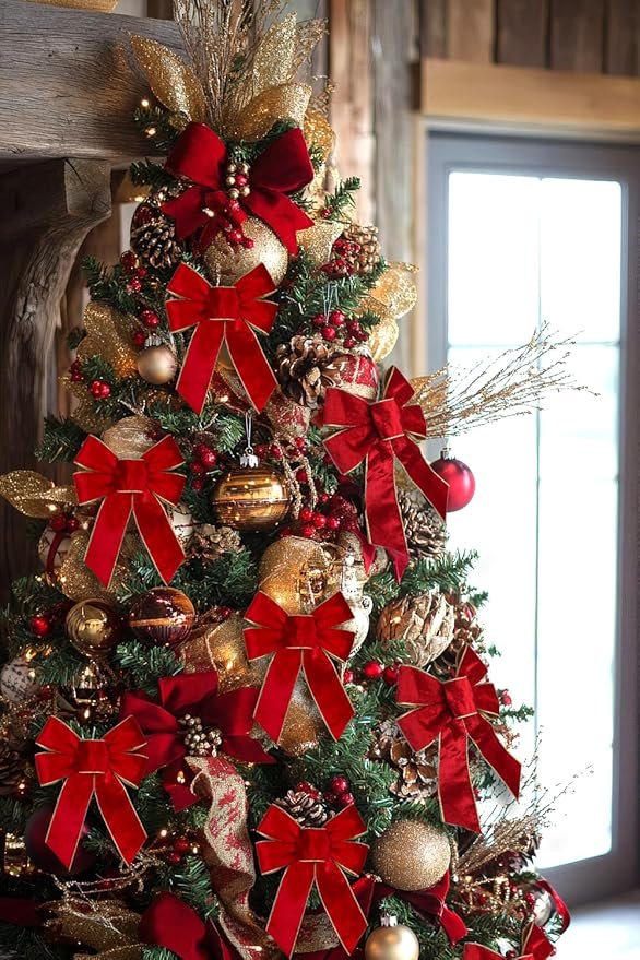 BUVANE 6PCS Red Christmas Velvet Bows, 9" x 12" Christmas Wreath Bow with Golden Edged