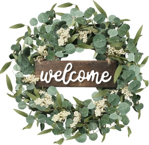 Artificial Eucalyptus Welcome Wreath 20 Inch Spring Summer Decor