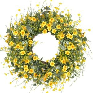 1 Yellow Daisy Spring Wreath with Eucalyptus Lavender Greenery Decor
