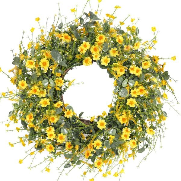 Yellow Daisy Spring Wreath with Eucalyptus Lavender Greenery Decor