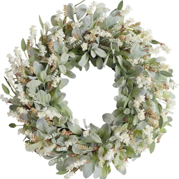 Spring Summer Ivory Floral Wreath with Lambs Ear Greenery