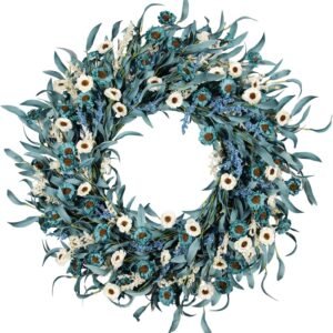 1 24-Inch Blue Daisy Wreath Spring Summer Door Decor