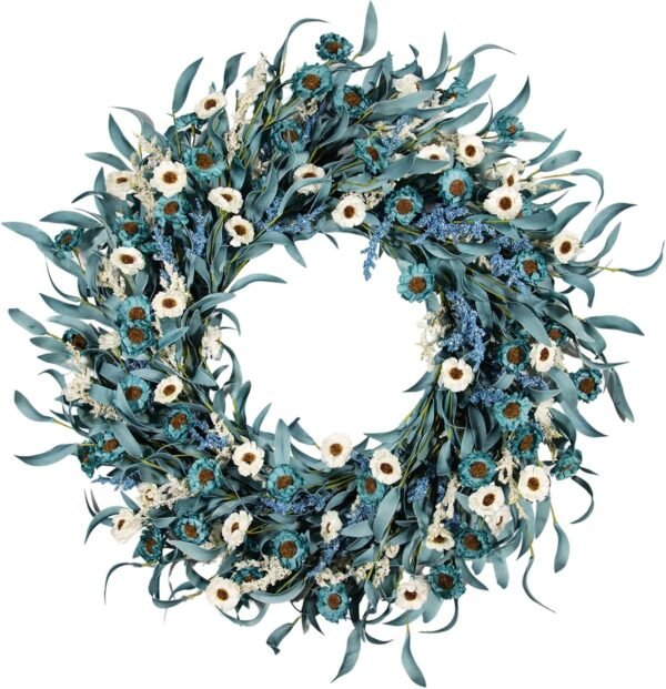24-Inch Blue Daisy Wreath Spring Summer Door Decor