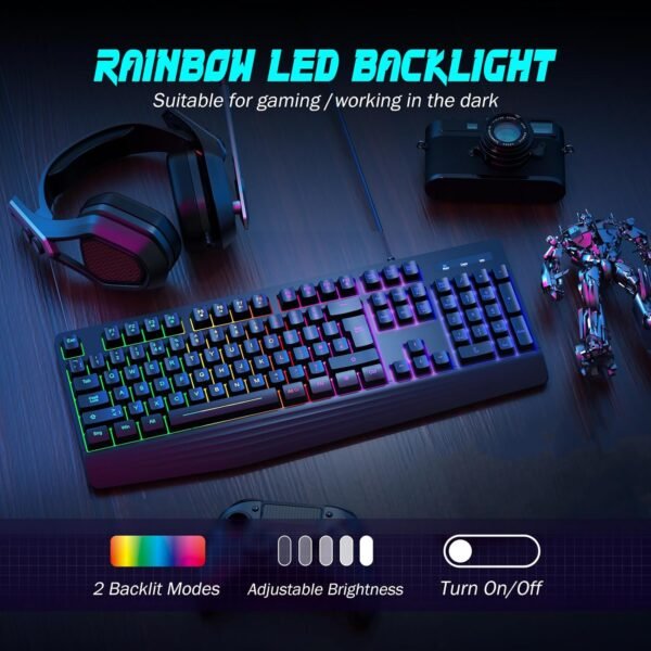 2 104-Key Rainbow LED Wired Silent Gaming Keyboard PC