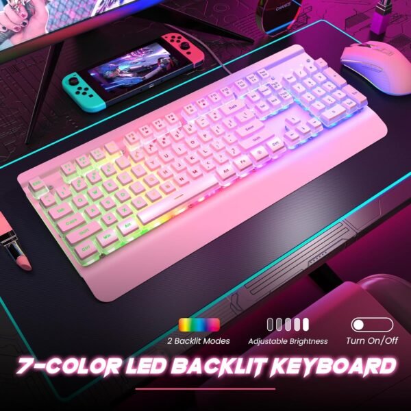 104-Key Rainbow LED Metal Wired Gaming Keyboard Pink