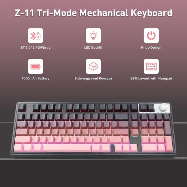 Wireless 96% Mechanical RGB Gaming Keyboard Hot-Swappable Pink