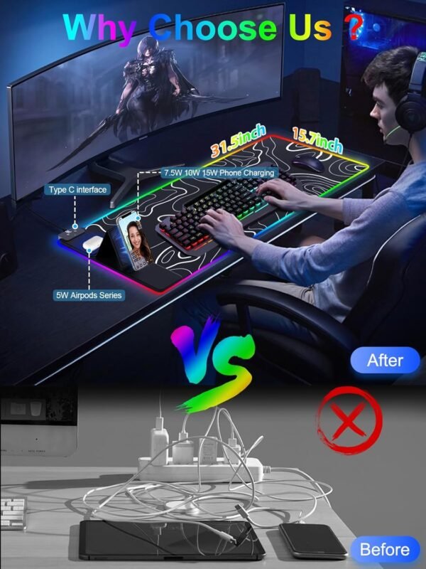 2 XXL RGB Gaming Mouse Pad with Fast Wireless Charging