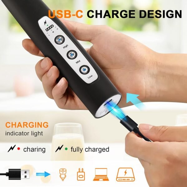 2 Rechargeable Handheld Milk Frother Wand 3-Speed Coffee Mixer
