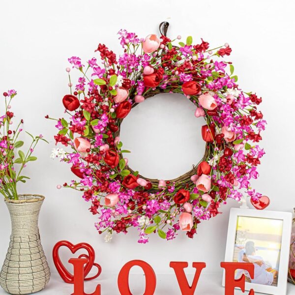22 Inch Valentine Tulip Heart Berry Wreath Door Decoration