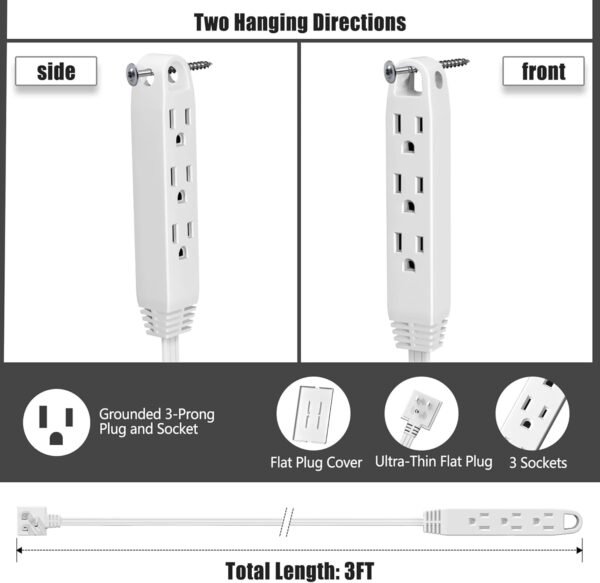 2 3FT Ultra-Thin Extension Cord Power Strip with Safety Cover
