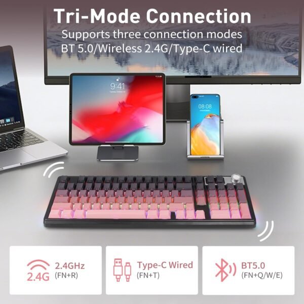 Wireless 96% Mechanical RGB Gaming Keyboard Hot-Swappable Pink