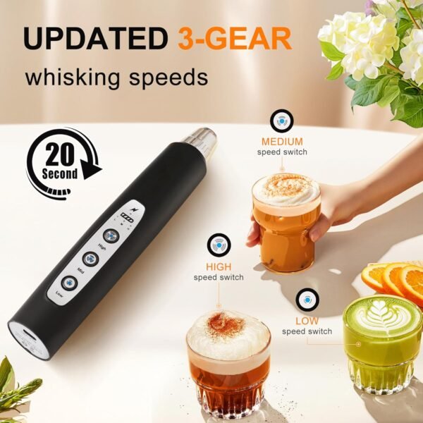3 Rechargeable Handheld Milk Frother Wand 3-Speed Coffee Mixer