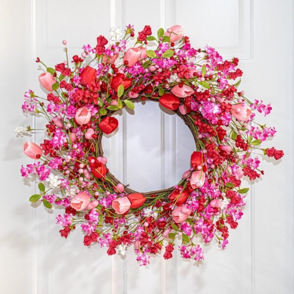 22 Inch Valentine Tulip Heart Berry Wreath Door Decoration