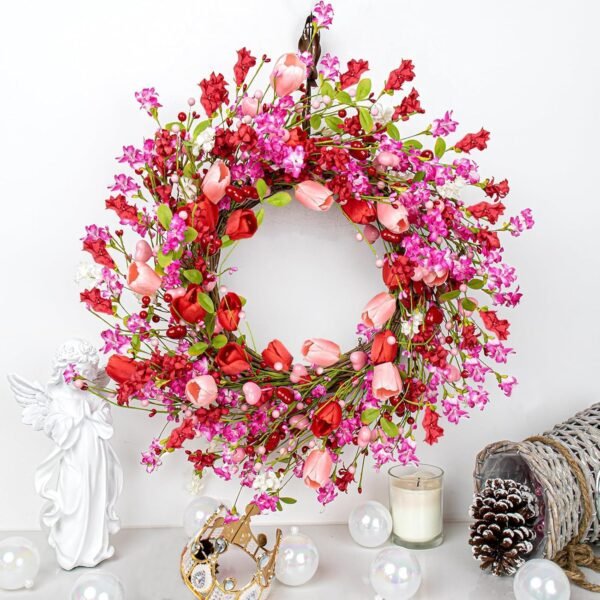 22 Inch Valentine Tulip Heart Berry Wreath Door Decoration