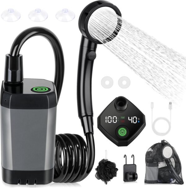 2 Portable Camping Shower Rechargeable 6000mAh LED Display Outdoor Pump IPX7 Waterproof