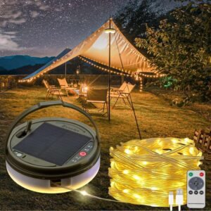 Solar Camping String Lights 39.4FT Fairy Lantern Waterproof Rechargeable LED Tent Light Outdoor
