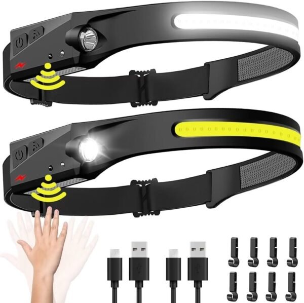2 Pack Rechargeable Headlamp 230° Wide Beam Motion Sensor Waterproof LED Light