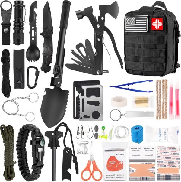 142 Piece Survival and First Aid Kit Emergency Outdoor Camping Hiking Gear with Molle Pouch