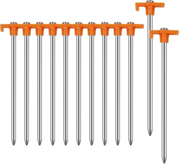 Camping Tent Stakes 7.1 Inch Non Rust Metal Ground Pegs Heavy Duty Orange 12 Pack