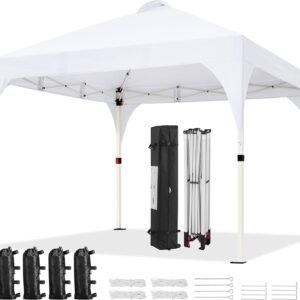 10x10 Pop Up Canopy Tent Instant Outdoor Sun Shelter with Wheeled Bag Stakes and Ropes White