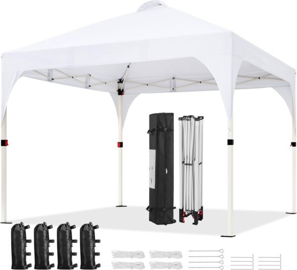 10x10 Pop Up Canopy Tent Instant Outdoor Sun Shelter with Wheeled Bag Stakes and Ropes White