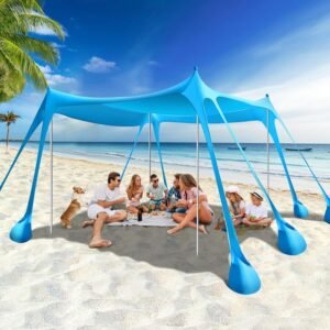 Beach Tent 10x10 FT UPF50+ Windproof Sun Shelter Outdoor Canopy with Sandbags Sky Blue